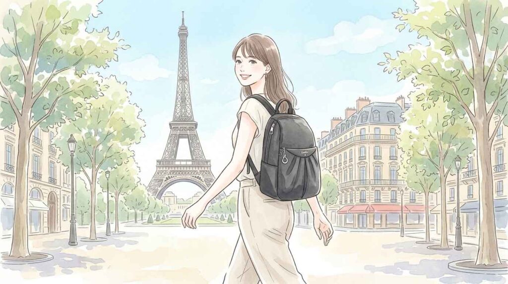 パリの広場でリュックを背負って軽やかに歩く女性のイラスト