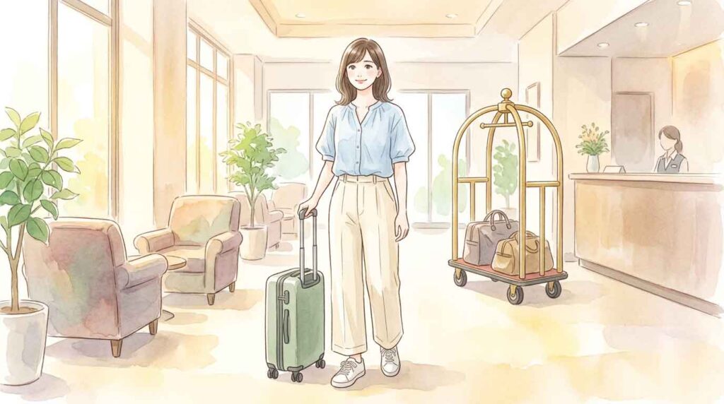 ホテルのロビーでコンパクトなスーツケースを使いやすそうに扱う女性のイラスト