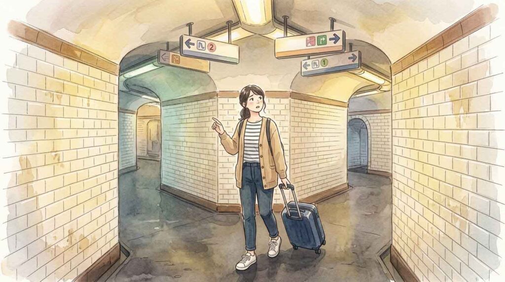 パリの薄暗い地下通路で出口の看板を探してうろたえる女性のイラスト