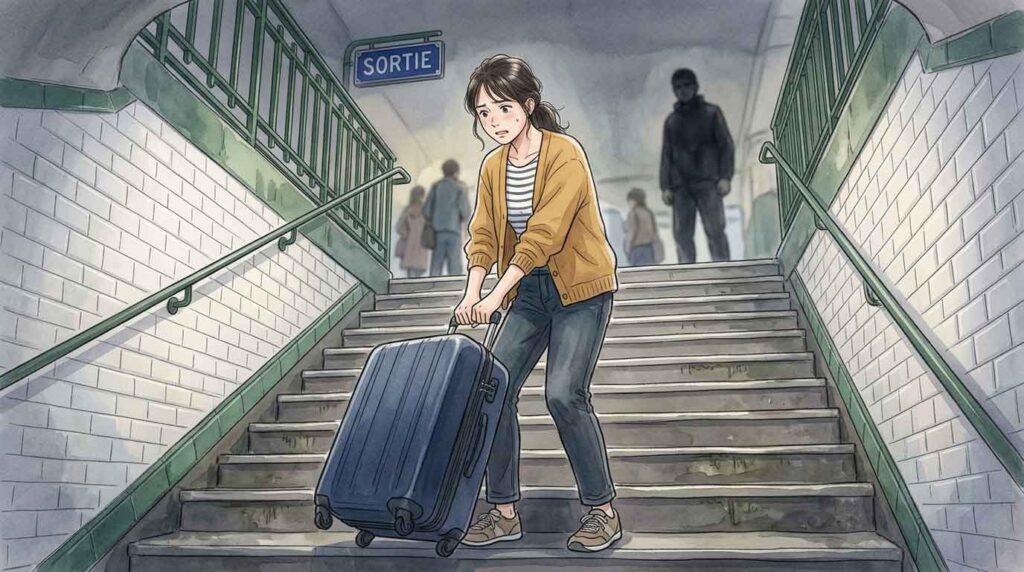 パリの地下鉄の階段でスーツケースを抱え上げようとする女性のイラスト