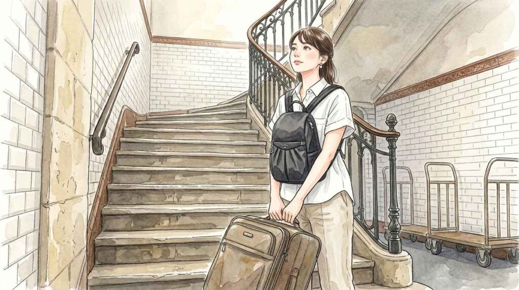 パリのメトロ駅でエスカレーターのない急な階段を見上げる女性のイラスト