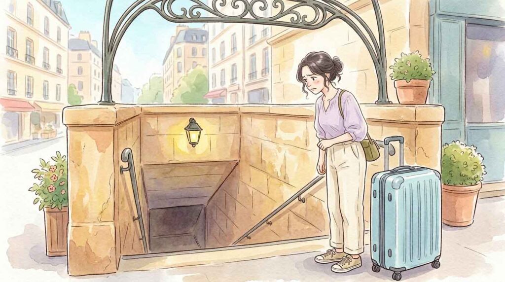 パリの地下鉄駅でスーツケースを前に途方に暮れる女性のイラスト
