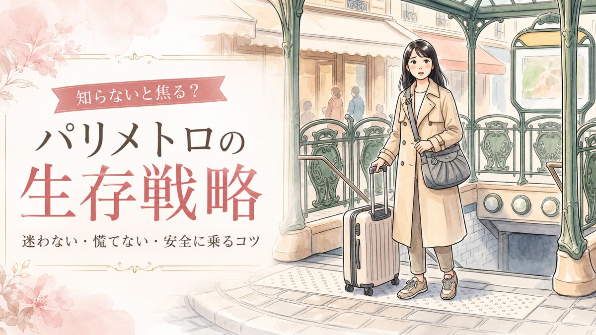 PIC1 | alt: パリのメトロ入口前でスーツケースを持ってたたずむ女性のイラスト