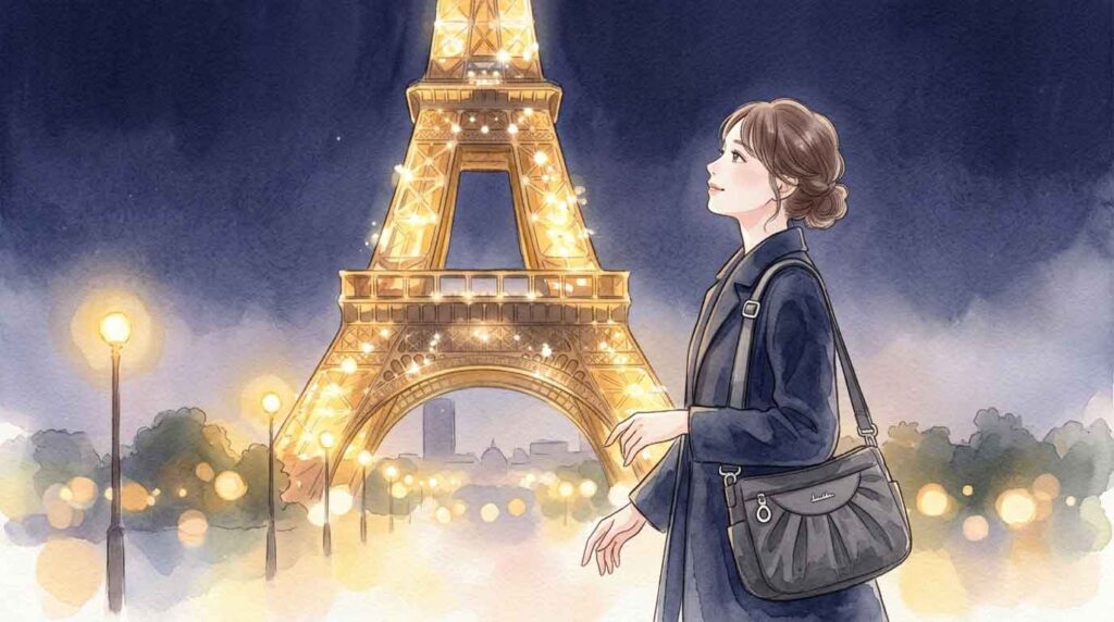 PIC6 | alt: フェル塔を背景に斜めがけバッグで軽やかに立つ女性のイラスト