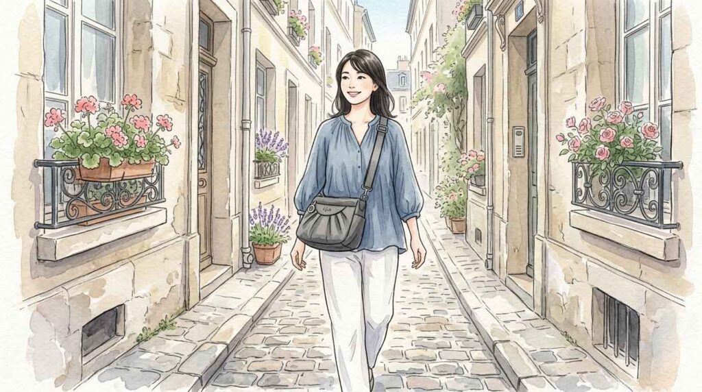 ショルダーバッグを斜めがけにして軽やかにパリの路地を歩く女性のイラスト