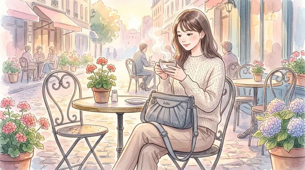パリのカフェのテラス席でショコラショーを飲みながら休む女性のイラスト