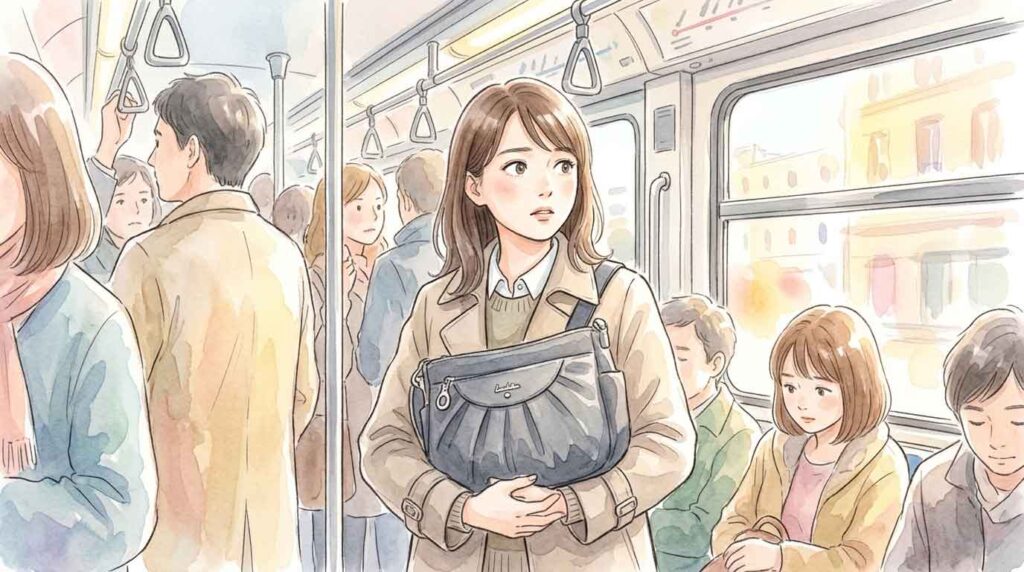 混雑したパリのメトロ車内でバッグをしっかり抱える女性のイラスト