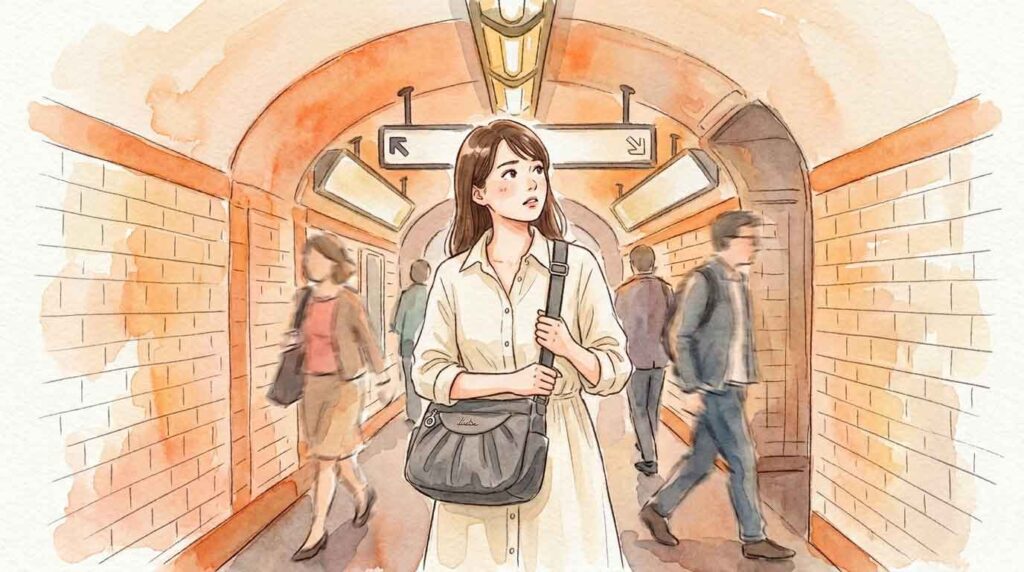 パリのメトロ構内の薄暗い通路を歩く女性のイラスト