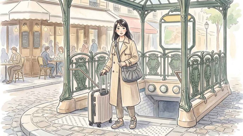 PIC1 | alt: パリのメトロ入口前でスーツケースを持ってたたずむ女性のイラスト