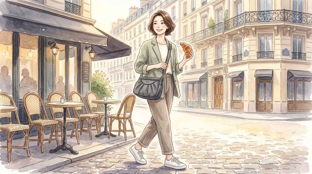 斜めがけバッグを体の前で持ちながら石畳の路地を注意深く歩く女性のイラスト