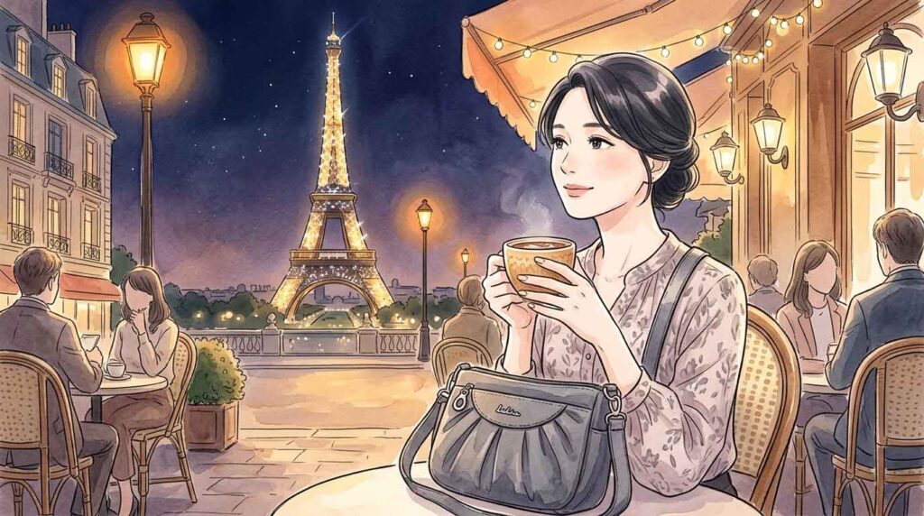 夜のエッフェル塔のシャンパンフラッシュを眺めながら温かい飲み物を持つ女性のイラスト
