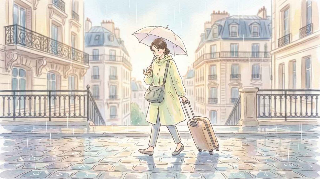 濡れた石畳で転びそうになりながら歩くスーツケース持ちの女性のイラスト