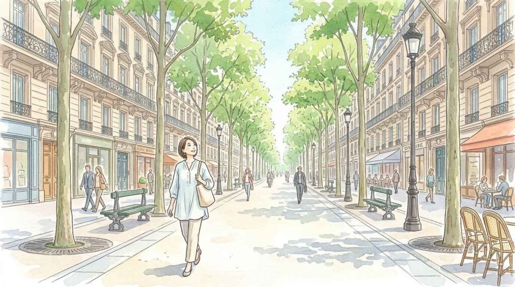 19世紀のパリを区画整理した広いブルヴァール(大通り)を歩く女性のイラスト