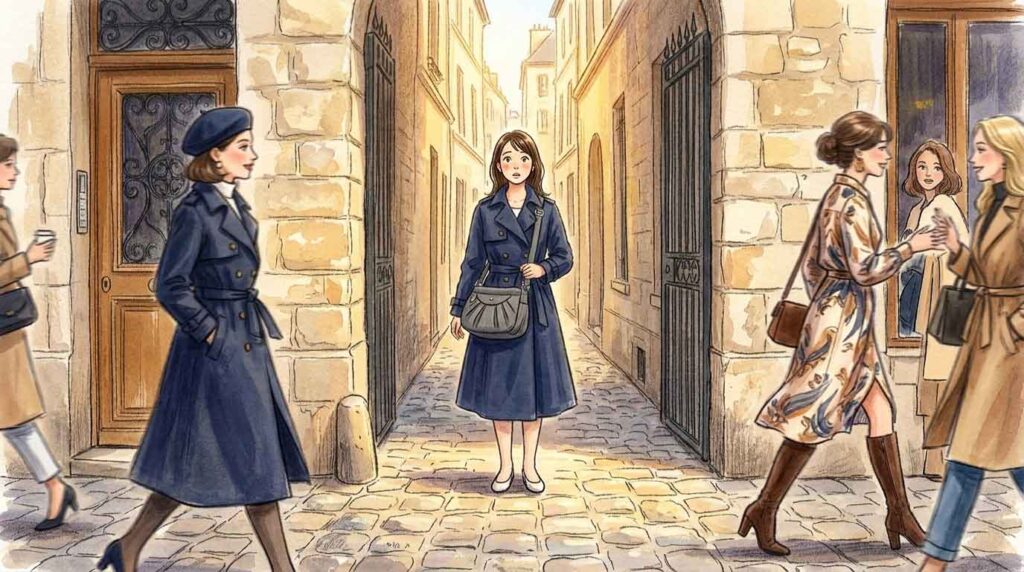 パリの石畳の路地を颯爽と早足で歩くフランス女性のイラスト