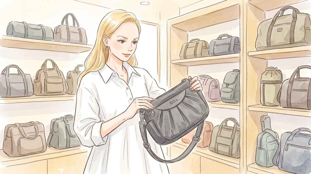ナイロン製の撥水バッグを手に取って吟味する女性のイラスト