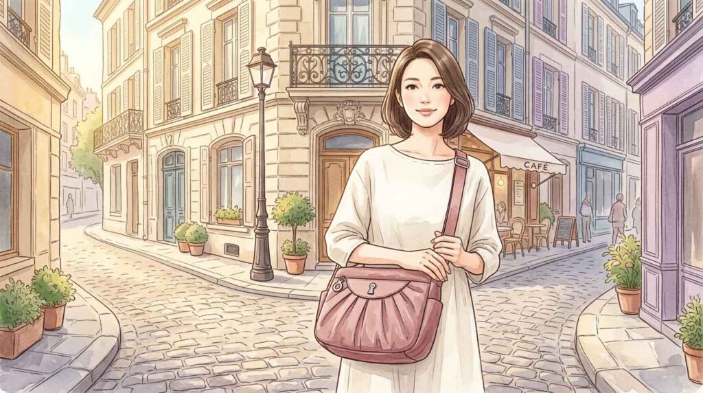 機能的な斜めがけバッグを持つ女性がパリの街角に立つイラスト