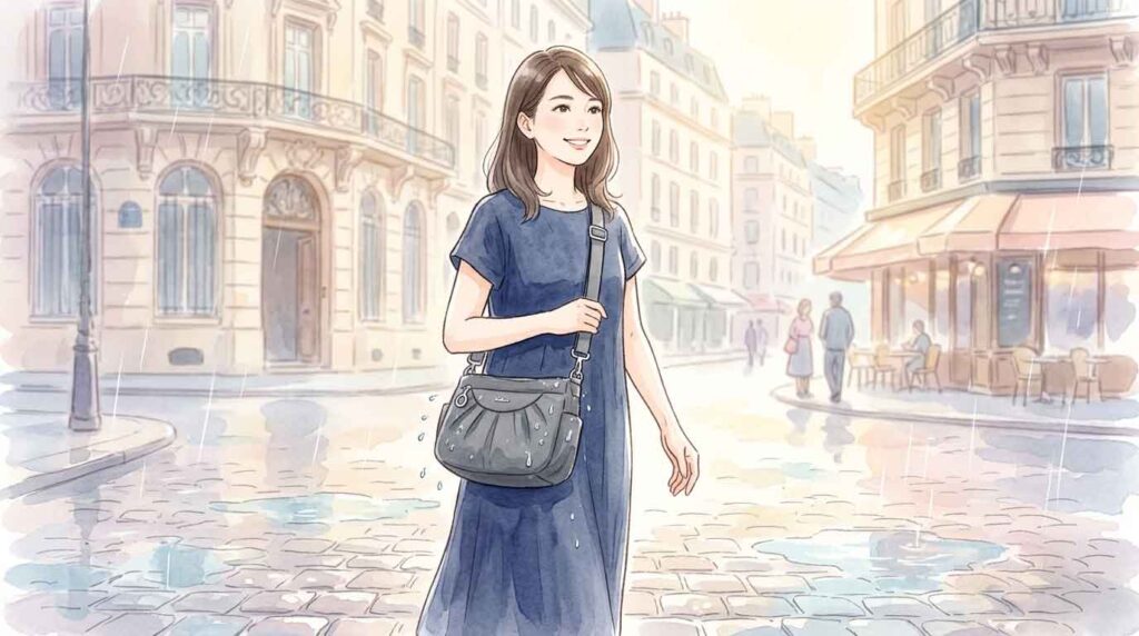 小雨の中で撥水バッグを持ち平然と歩く女性のイラスト