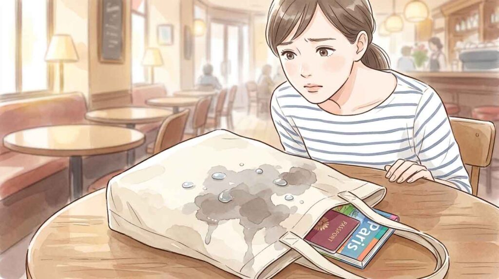 雨に濡れたバッグから水が染みてガイドブックが湿っているイラスト