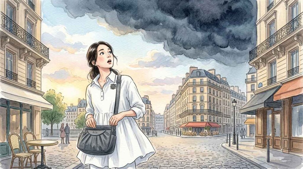 晴れていたパリの空が急に曇り始めた瞬間のイラスト