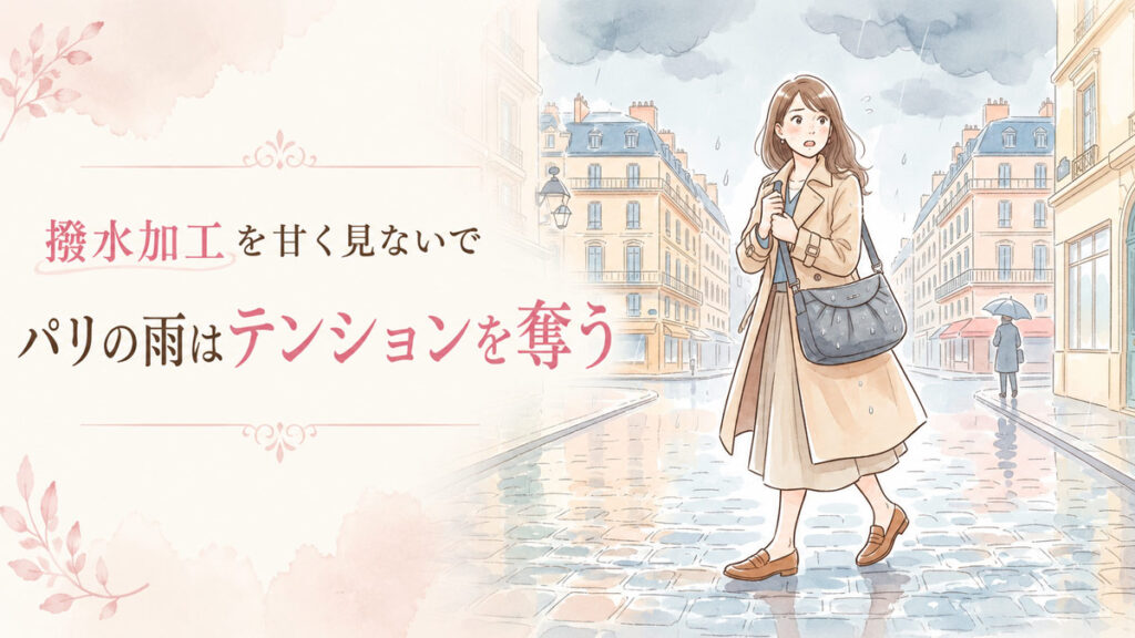 パリの石畳を歩く女性が急な通り雨に降られてバッグを抱える様子のイラスト