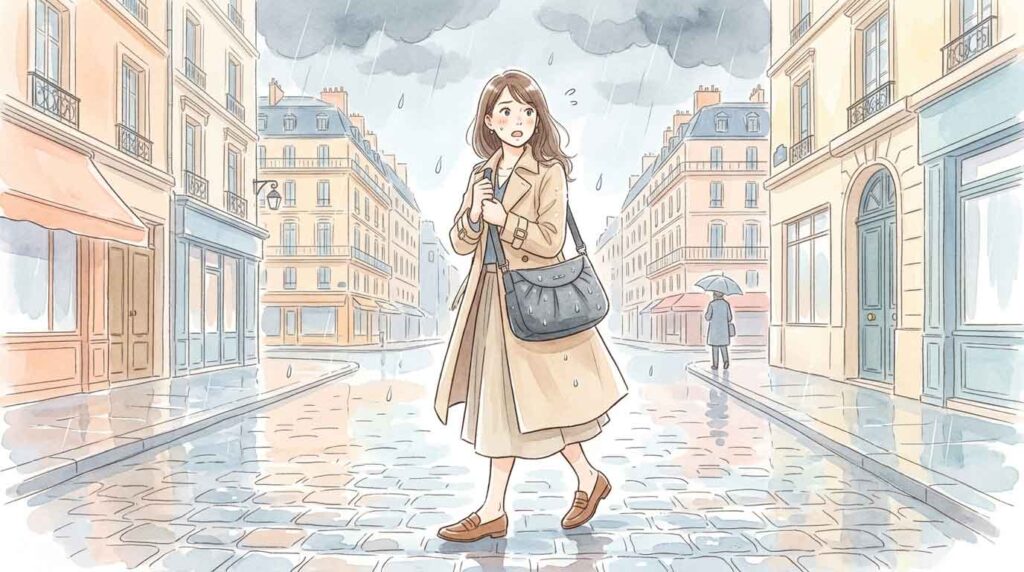 パリの石畳を歩く女性が急な通り雨に降られてバッグを抱える様子のイラスト