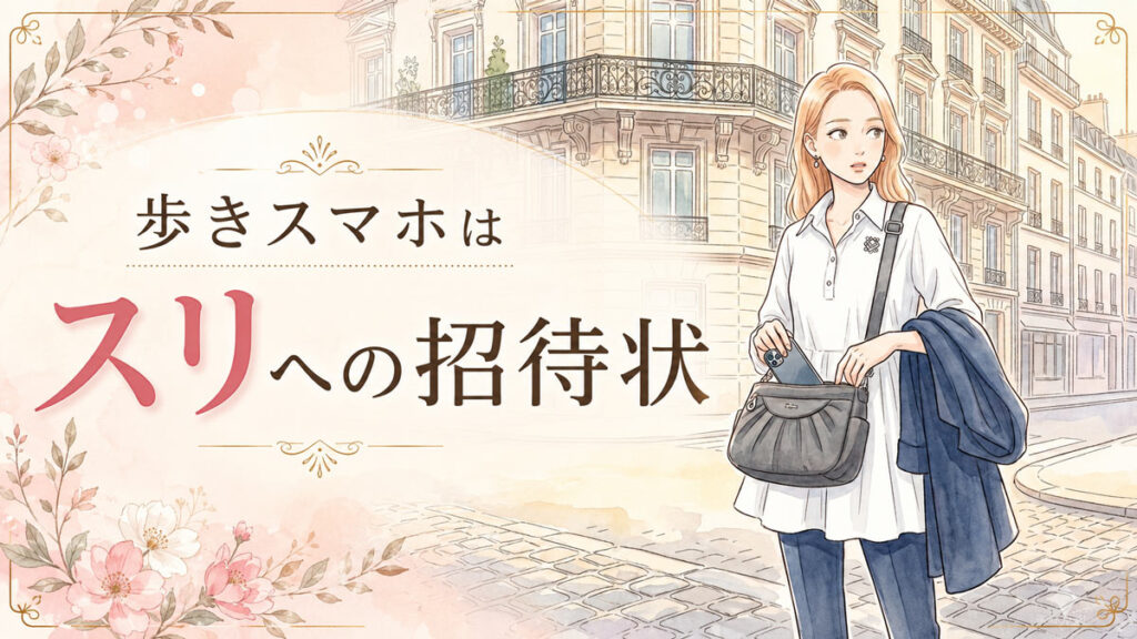 パリの石畳の街角でスマートフォンを取り出す女性旅行者のイラスト