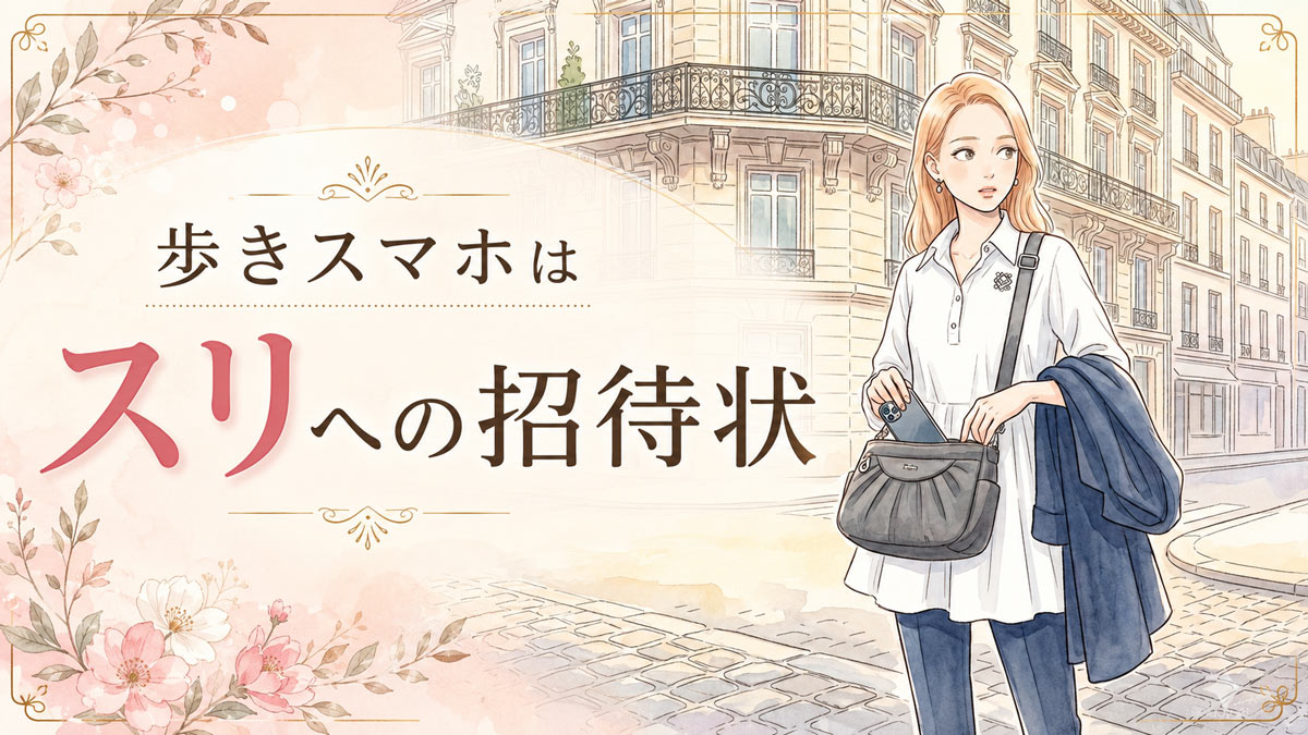 パリの石畳の街角でスマートフォンを取り出す女性旅行者のイラスト