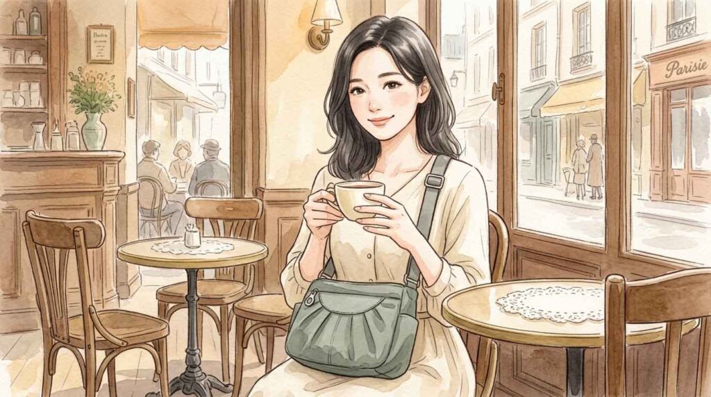 パリのカフェでくすみカラーのナイロンバッグを膝に置きながらコーヒーを楽しむ女性のイラスト