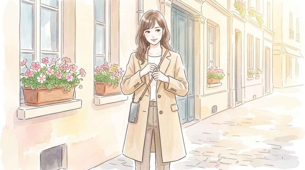 パリの街角でスマートフォンにストラップをつけて体に固定している女性のイラスト