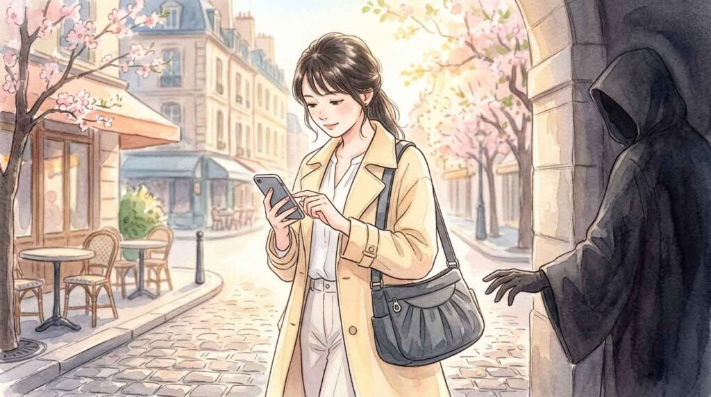 パリの観光地でスマートフォンを操作しながら歩く旅行者と背後に迫るスリのイラスト