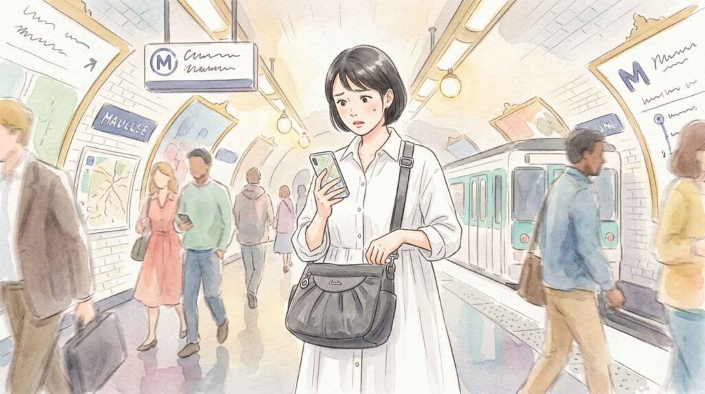 パリのメトロのホームで地図アプリを見ながら立ち止まる女性旅行者のイラスト