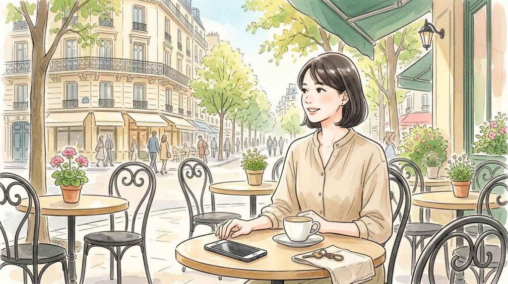PIC2 | alt: パリのカフェテラスでテーブルにスマートフォンを置いたまま話す女性のイラスト