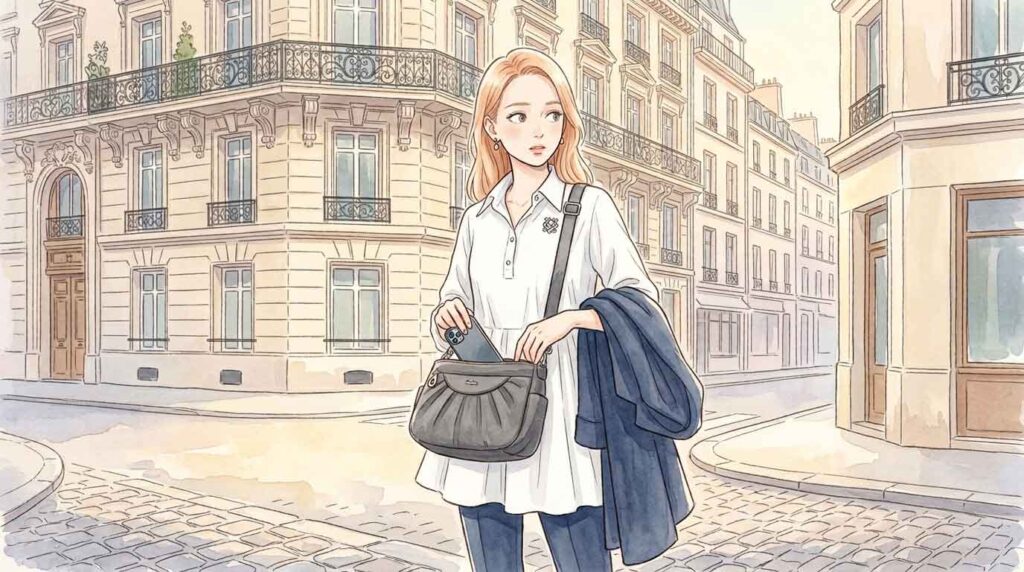 パリの石畳の街角でスマートフォンを取り出す女性旅行者のイラスト