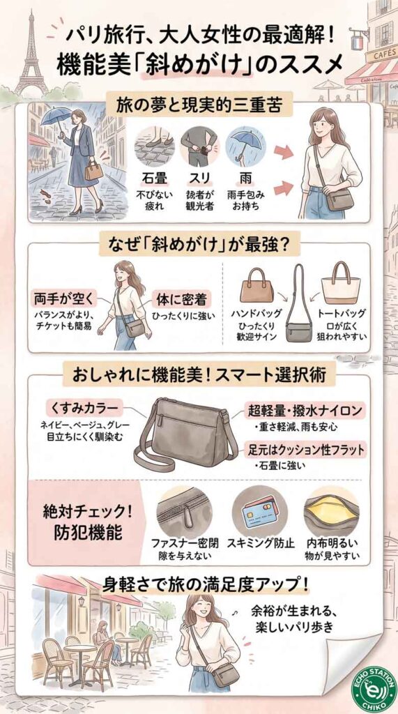 「斜めがけ」がダサいなんて言っていられない。パリ街歩きファッションの最適解インフォグラフ