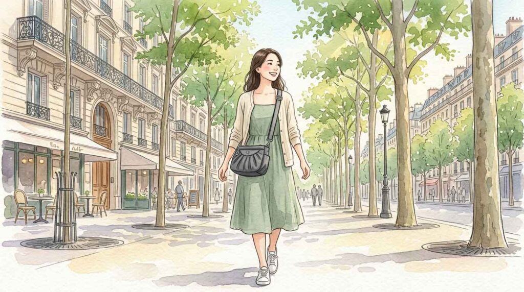 小さな斜めがけバッグひとつで身軽にパリを歩く女性のイラスト