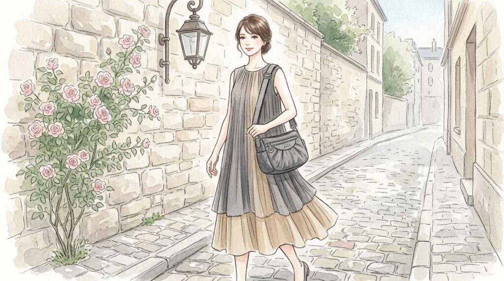 洗練されたデザインの斜めがけ防犯バッグを持ってパリの石畳を歩く女性のイラスト