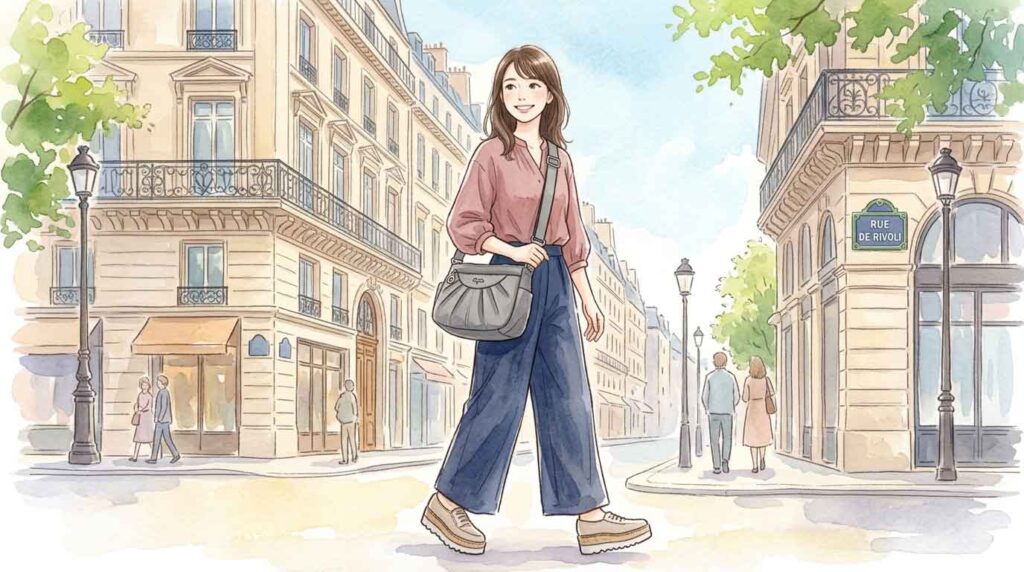 くすみカラーの斜めがけバッグと歩きやすいフラットシューズを合わせたコーデの女性イラスト