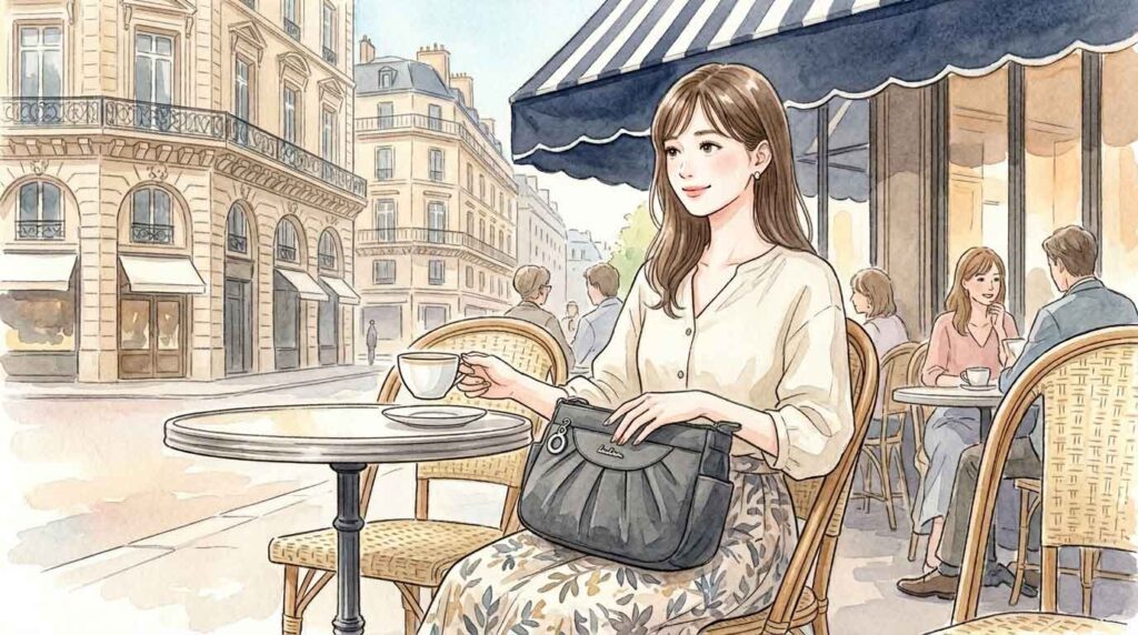 パリのカフェのテラス席でショルダーバッグを膝の上に置く女性のイラスト