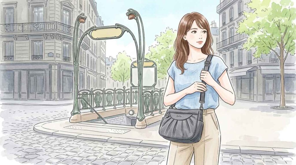 パリの街角でバッグをしっかり体の前で抱えながら周囲を見渡す女性のイラスト