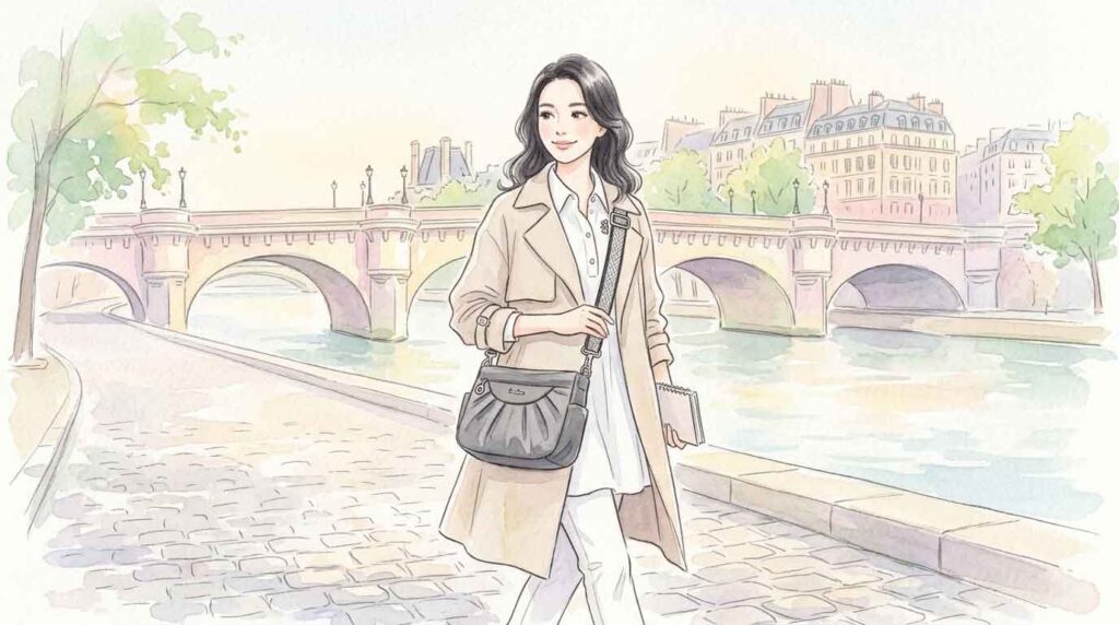 パリの石畳でショルダーバッグを斜めがけして軽やかに歩く日本人女性のイラスト