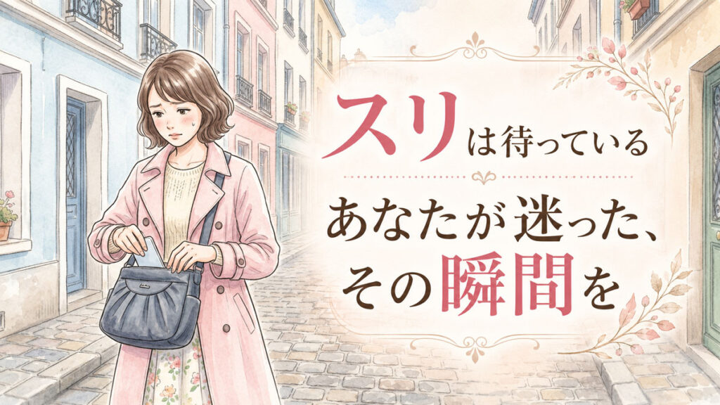 パリの路地で立ち止まり不安げにスマートフォンを取り出す日本人女性と、遠くから様子をうかがう人物のイラスト