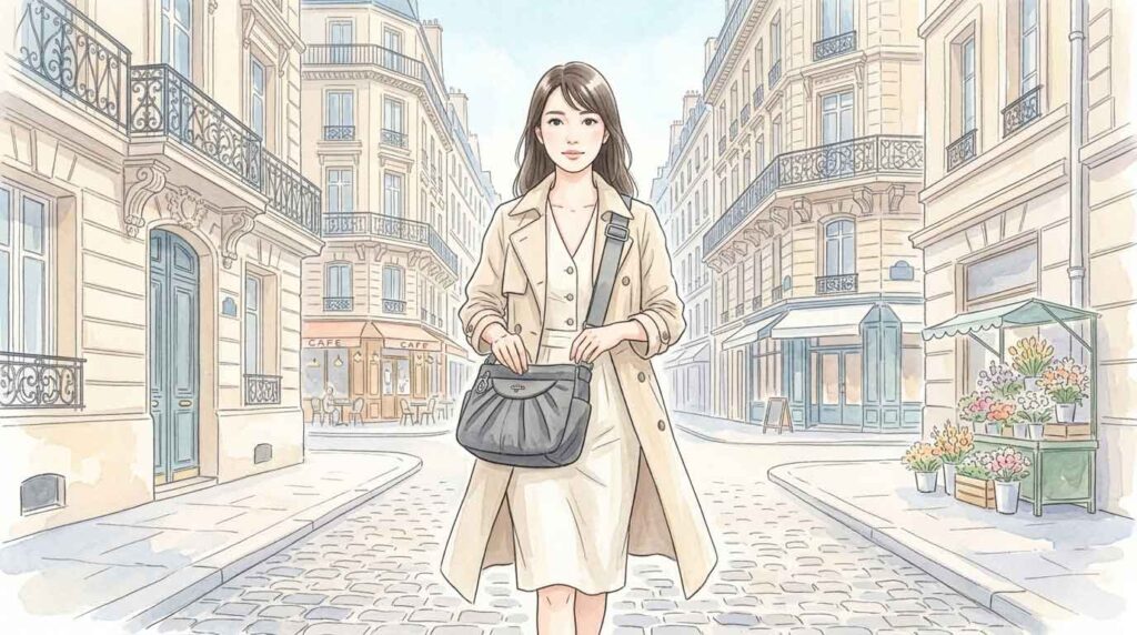 パリの石畳をしっかりした足取りで歩く女性が斜めがけバッグを前抱えにしているイラスト