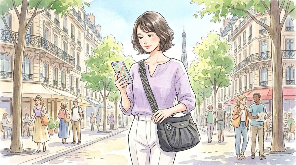パリの路上でスマートフォンを取り出して地図を見ている女性のイラスト