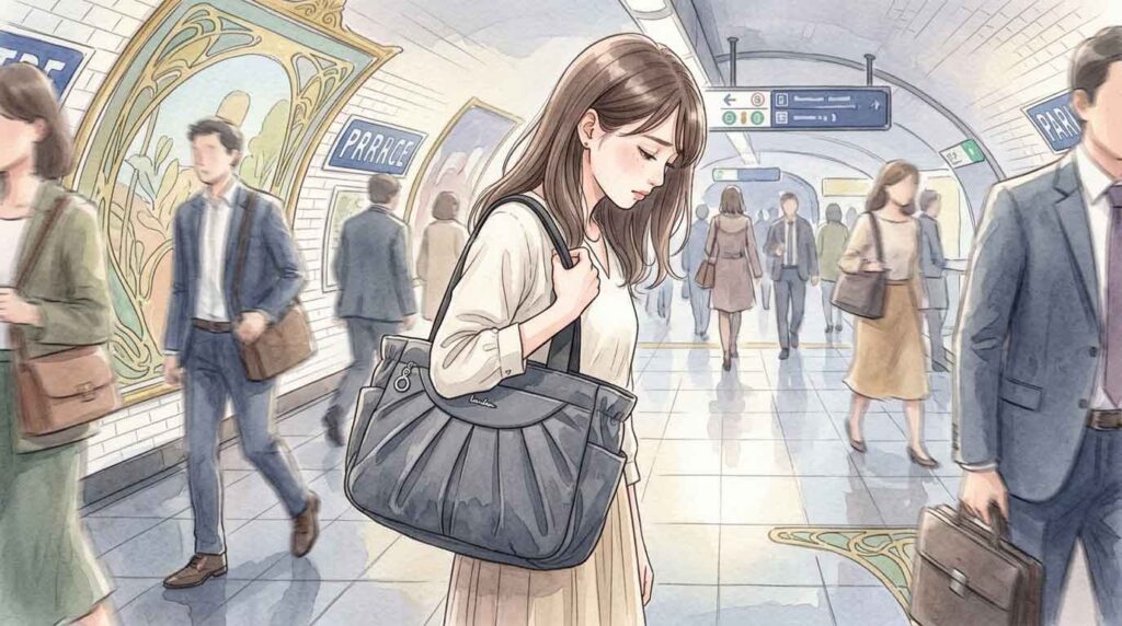 パリのメトロ構内で荷物を抱えてうつむき、疲れ果てた様子で立っている旅行者女性のイラスト