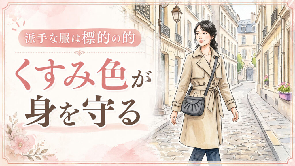 パリの石畳の路地を落ち着いたくすみベージュのコーデで歩く日本人女性のイラスト