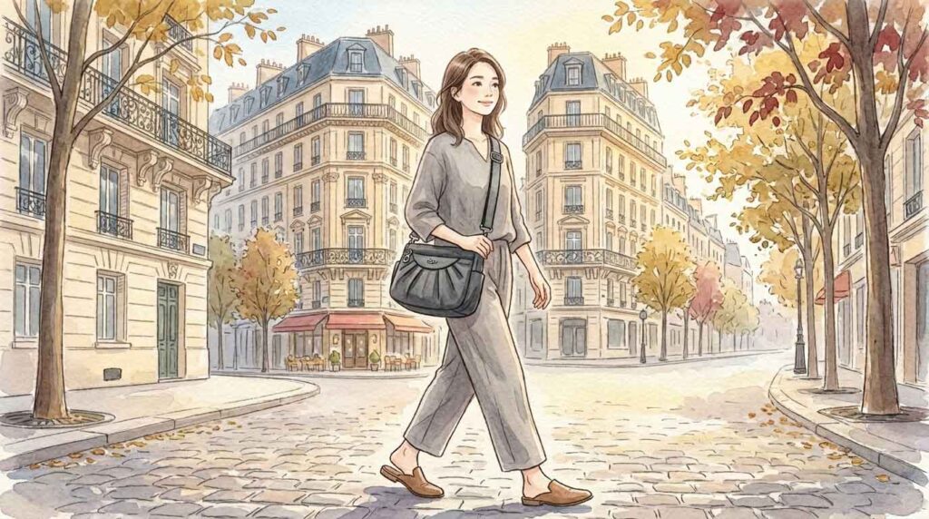 くすみグレーの軽量斜めがけバッグを体の前に持ってパリの石畳を歩く女性のイラスト
