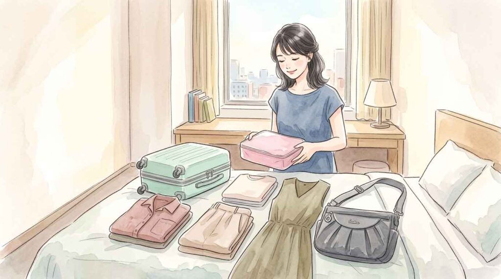 小さなキャリーバッグとシンプルな服だけで身軽に旅支度する女性のイラスト