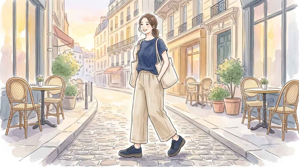 石畳の多いパリの路地を歩きやすい厚底フラットシューズで歩く女性のイラスト