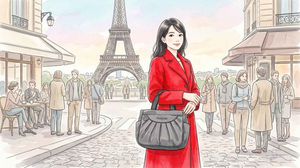 原色のコートと大ぶりバッグで観光地を歩き、周囲から視線を集める女性のイラスト
