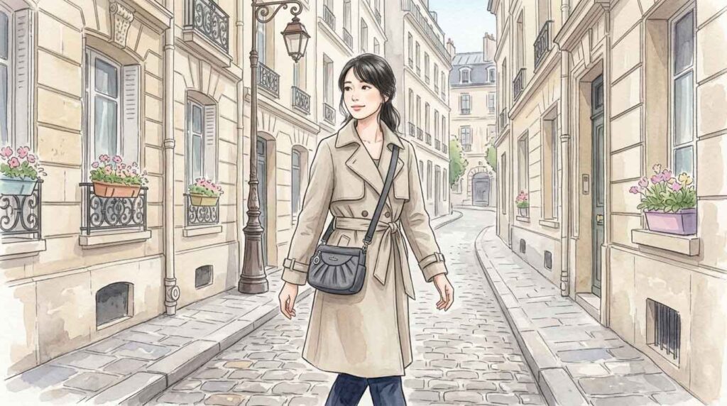 パリの石畳の路地を落ち着いたくすみベージュのコーデで歩く日本人女性のイラスト